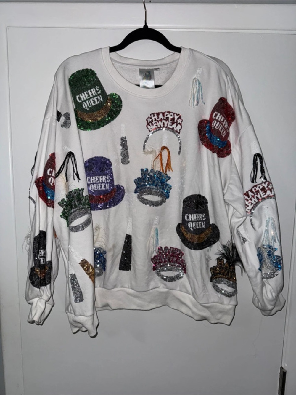 QUEEN OF SPARKLES 💖 White Sequin Celebration Sweatshirt - Cheers